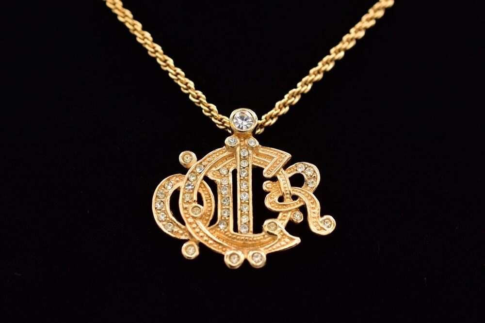 Christian Dior Vintage Crystal Insignia Logo Necklace Script Monogram 80s Bin1
